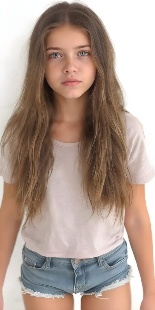 a full body shot from head to toe of a adult teen girl with long hair. She is wearing a short T-shirt and jeans shorts. Her beautiful skin is flawless, white backdrop