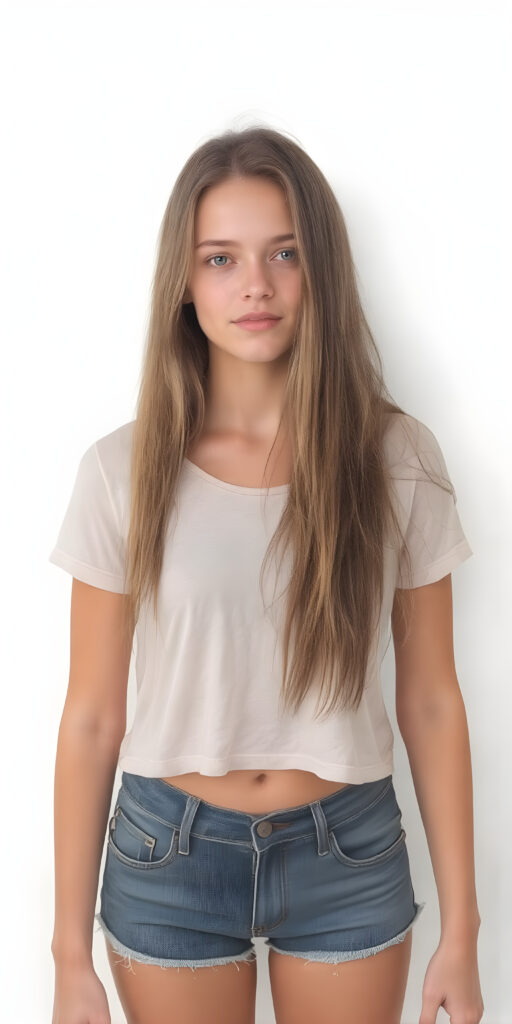 a full body shot from head to toe of a adult teen girl with long hair. She is wearing a short T-shirt and jeans shorts. Her beautiful skin is flawless, white backdrop