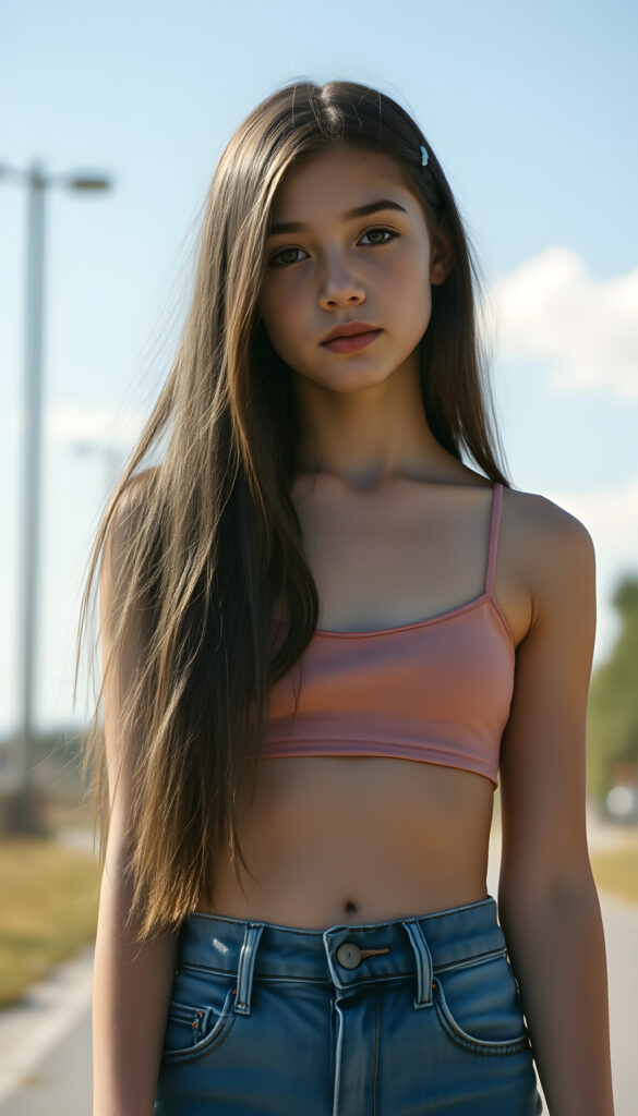 a full body shot (((detailed and realistic photo))), capturing a (((very young teenage girl))), with (long, silky, soft straight jet dark hair and blonde fine strands, same length right and left), wearing a (((cropped spaghetti tank top, belly button))), accessorized with (((blue short jeans))), all against a backdrop of a (beautiful, sunny day)