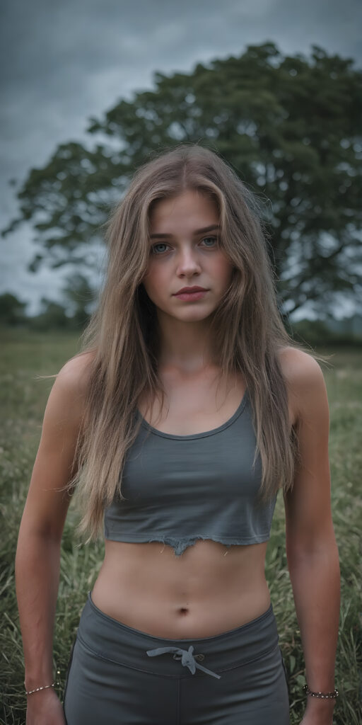 a full body shot of a young sleek teen girl with long hair and perfect fit body, she is wearing a short cropped and tattered sport tank top and short mini skirt. Her beautiful skin is flawless. She poses on a green meadow with a beautiful tree in the background. The sky is dark and overcast and there is a thunderstorm upcoming