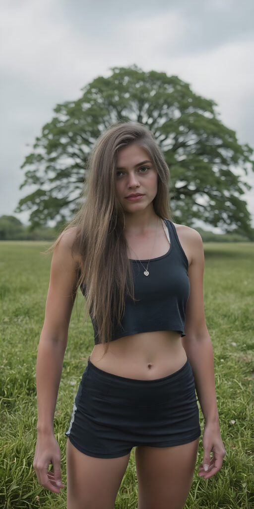 a full body shot of a young sleek teen girl with long hair and perfect fit body, she is wearing a short cropped and tattered sport tank top and short mini skirt. Her beautiful skin is flawless. She poses on a green meadow with a beautiful tree in the background. The sky is dark and overcast and there is a thunderstorm upcoming