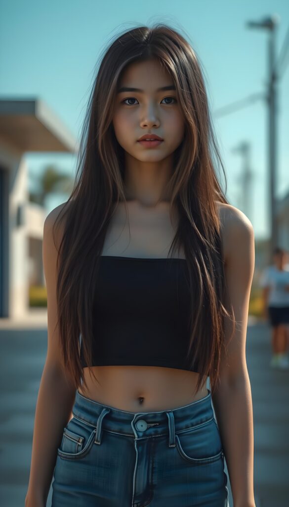 a full body shot (((detailed and realistic photo))), capturing a (((very young teenage girl))), with (long, silky, soft straight jet dark hair and blonde fine strands, same length right and left), wearing a (((cropped spaghetti tank top, belly button))), accessorized with (((blue short jeans))), all against a backdrop of a (beautiful, sunny day)