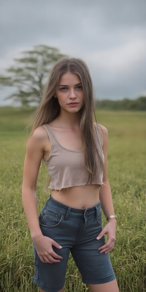 a full body shot of a young sleek teen girl with long hair and perfect fit body, she is wearing a short cropped and tattered sport tank top and short mini skirt. Her beautiful skin is flawless. She poses on a green meadow with a beautiful tree in the background. The sky is dark and overcast and there is a thunderstorm upcoming