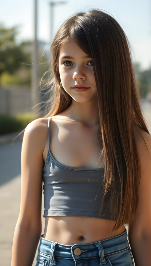a full body shot (((detailed and realistic photo))), capturing a (((very young teenage girl))), with (long, silky, soft straight jet dark hair and blonde fine strands, same length right and left), wearing a (((cropped spaghetti tank top, belly button))), accessorized with (((blue short jeans))), all against a backdrop of a (beautiful, sunny day)