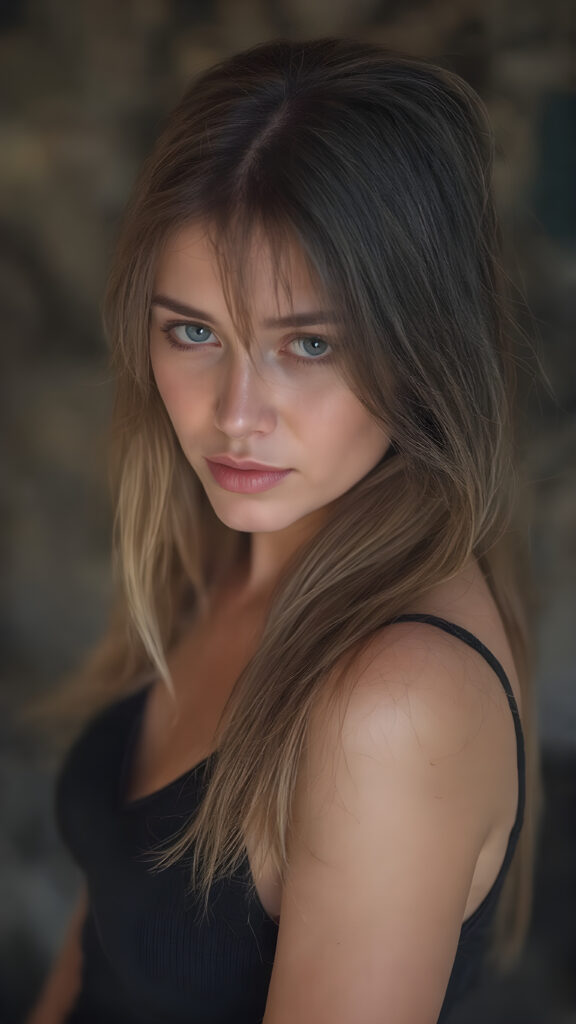 a full body shot, (((Goddess of Love)) ((seductive look, seductive eyes)) (((super realistic, highly detailed, photography))), capturing a (((beautiful young busty teen girl))) with an extremely defined and detailed face, including (((perfect, detailed brown blond very soft straight hair falls down)), (((short, v-neck black tank top, short mini skirt))).