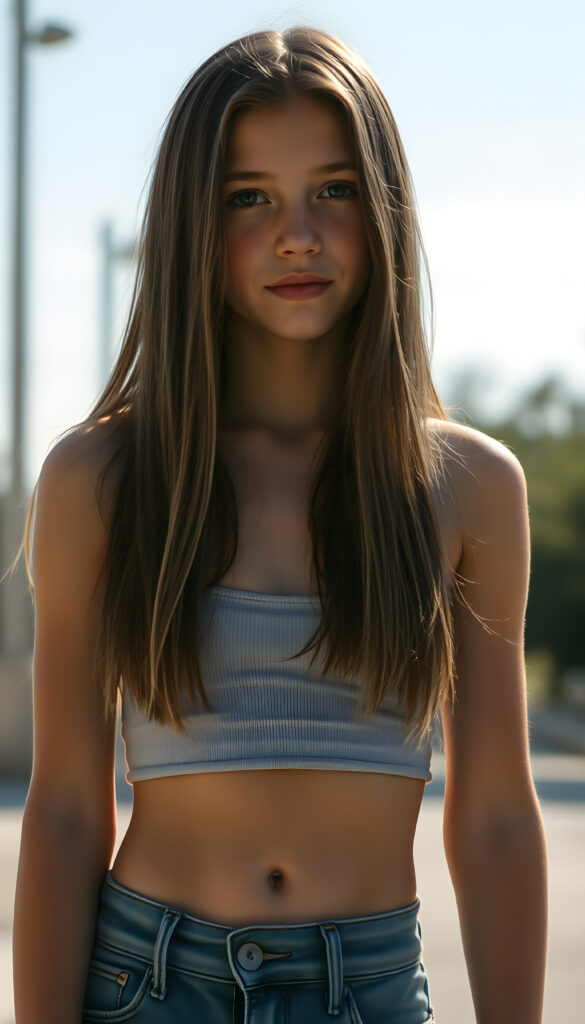 a full body shot (((detailed and realistic photo))), capturing a (((very young teenage girl))), with (long, silky, soft straight jet dark hair and blonde fine strands, same length right and left), wearing a (((cropped spaghetti tank top, belly button))), accessorized with (((blue short jeans))), all against a backdrop of a (beautiful, sunny day)