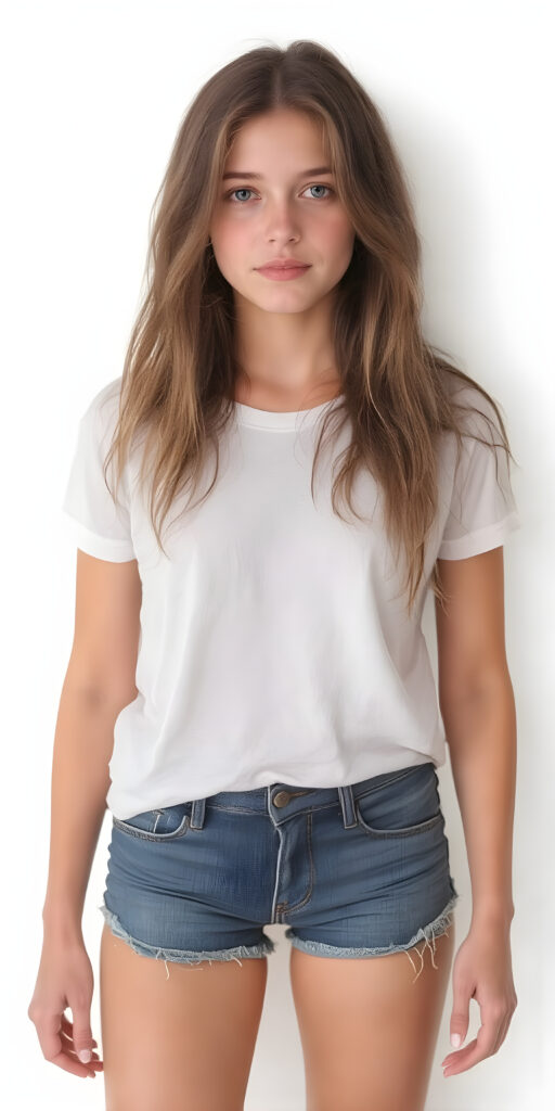 a full body shot from head to toe of a adult teen girl with long hair. She is wearing a short T-shirt and jeans shorts. Her beautiful skin is flawless, white backdrop