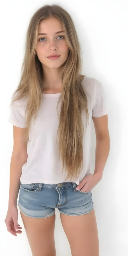 a full body shot from head to toe of a adult teen girl with long hair. She is wearing a short T-shirt and jeans shorts. Her beautiful skin is flawless, white backdrop