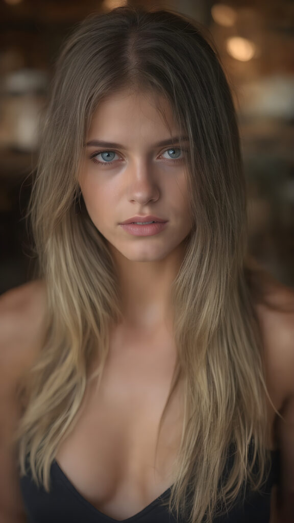 a full body shot, (((Goddess of Love)) ((seductive look, seductive eyes)) (((super realistic, highly detailed, photography))), capturing a (((beautiful young busty teen girl))) with an extremely defined and detailed face, including (((perfect, detailed brown blond very soft straight hair falls down)), (((short, v-neck black tank top, short mini skirt))).