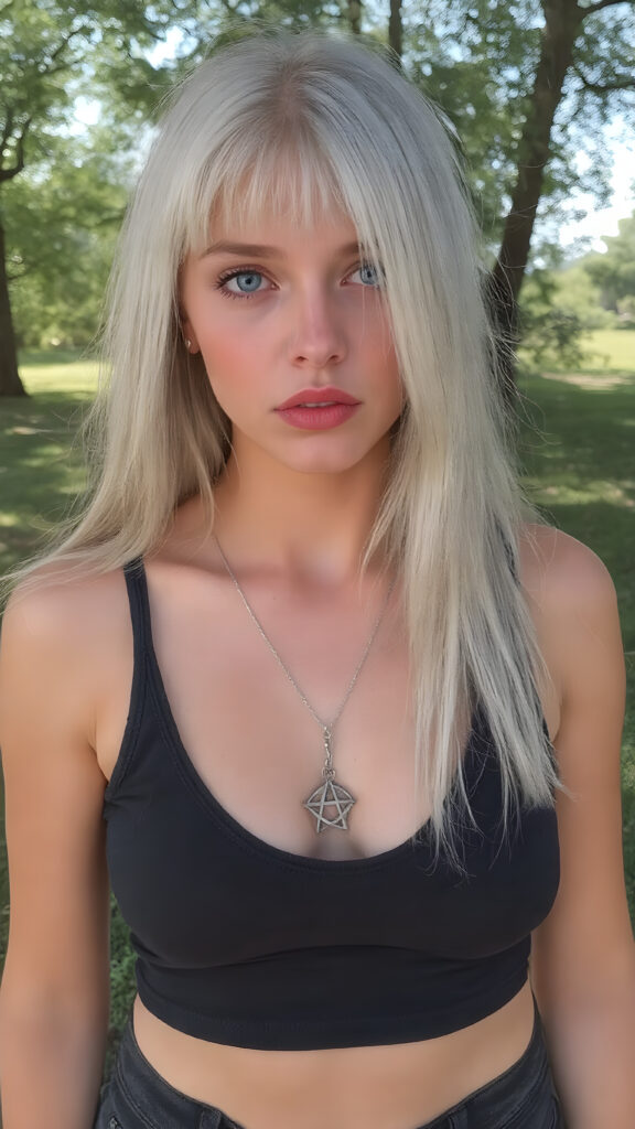 a full body shot, (((beautiful young well busty innocent teen emo girl))), with straight long platinum white hair, framing a softly curved waist she's got big bright and playful (((blue eyes))), that add a pop of colour to her overall look. Her lips are full and painted in (deep red) lipstick, accentuated by (shades of pink) eyeshadow that give off a glow. She's dressed in a ((black cropped tank top, deep neck)) and ((tight fitting black denim jeans)), accessorised with a (big silver pentagram necklace), all that match perfectly with her outfit, all against a sunny backdrop in a green park