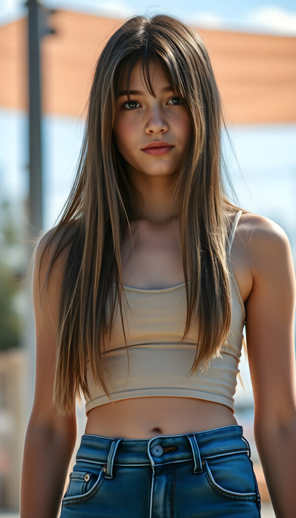 a full body shot (((detailed and realistic photo))), capturing a (((very young teenage girl))), with (long, silky, soft straight jet dark hair and blonde fine strands, same length right and left), wearing a (((cropped spaghetti tank top, belly button))), accessorized with (((blue short jeans))), all against a backdrop of a (beautiful, sunny day)