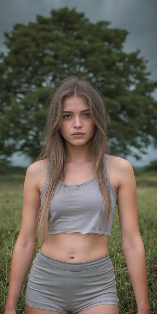 a full body shot of a young sleek teen girl with long hair and perfect fit body, she is wearing a short cropped and tattered sport tank top and short mini skirt. Her beautiful skin is flawless. She poses on a green meadow with a beautiful tree in the background. The sky is dark and overcast and there is a thunderstorm upcoming