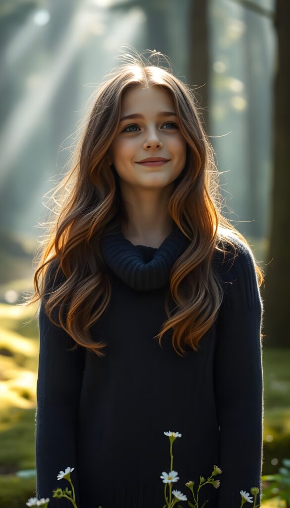 a full body shot from a young girl with long, wavy hazelnut brown hair, her hair cascading down her shoulders. Her lips are full and pink. She wears a cozy, fine wool sweater in a warm, deep navy blue, with a subtle cable knit pattern. She stands in a serene, misty forest, with rays of sunlight filtering through the trees, casting a golden glow on her face. The forest floor is covered in soft, emerald green moss, with delicate wildflowers blooming around her feet. She has a gentle smile, and a sense of peace and wonder is in her eyes, as she looks into the distance, surrounded by the tranquility of nature.