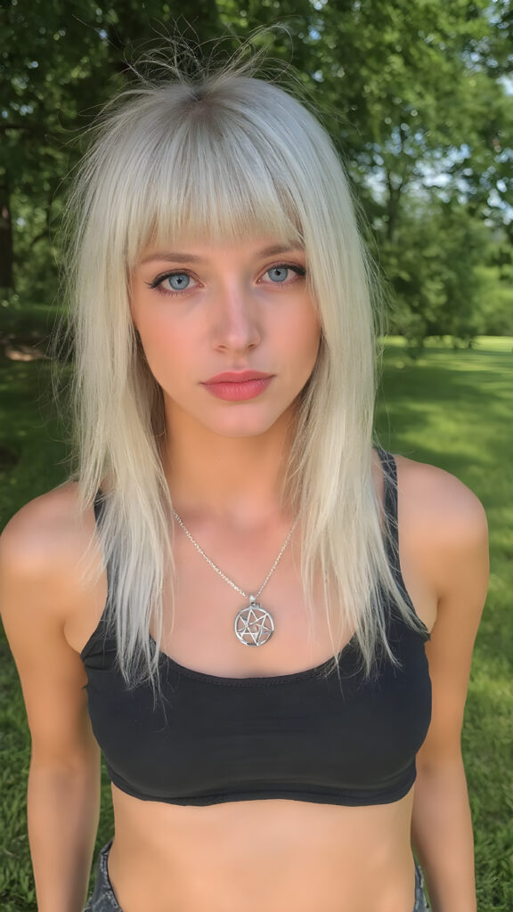a full body shot, (((beautiful young well busty innocent teen emo girl))), with straight long platinum white hair, framing a softly curved waist she's got big bright and playful (((blue eyes))), that add a pop of colour to her overall look. Her lips are full and painted in (deep red) lipstick, accentuated by (shades of pink) eyeshadow that give off a glow. She's dressed in a ((black cropped tank top, deep neck)) and ((tight fitting black denim jeans)), accessorised with a (big silver pentagram necklace), all that match perfectly with her outfit, all against a sunny backdrop in a green park