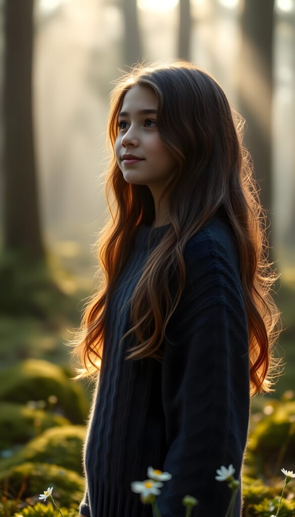a full body shot from a young girl with long, wavy hazelnut brown hair, her hair cascading down her shoulders. Her lips are full and pink. She wears a cozy, fine wool sweater in a warm, deep navy blue, with a subtle cable knit pattern. She stands in a serene, misty forest, with rays of sunlight filtering through the trees, casting a golden glow on her face. The forest floor is covered in soft, emerald green moss, with delicate wildflowers blooming around her feet. She has a gentle smile, and a sense of peace and wonder is in her eyes, as she looks into the distance, surrounded by the tranquility of nature.