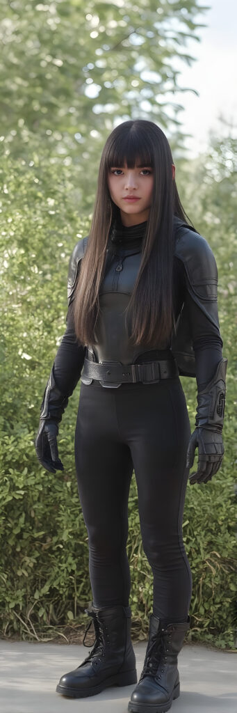 a full body shot of a young female cyborg warrior in tight black armor with long silky black straight hair, short black pants, bangs hairstyle, straight shiny hair, full lips, soft face, long legs, black combat boots, sunny green backdrop