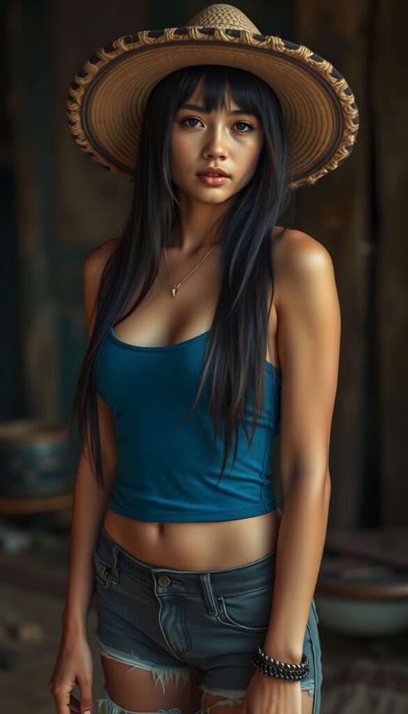 a full body shot (((detailed and perfect portrait))) of a (((beautiful young cute tanned Exotic teenage girl, perfect curved fit body))), with ((long, straight, thick, soft black hair, bangs cut, wearing a ((blue deep neckline cropped tank top and tattered short pants)), pose seductive, she wears a sombrero, front view