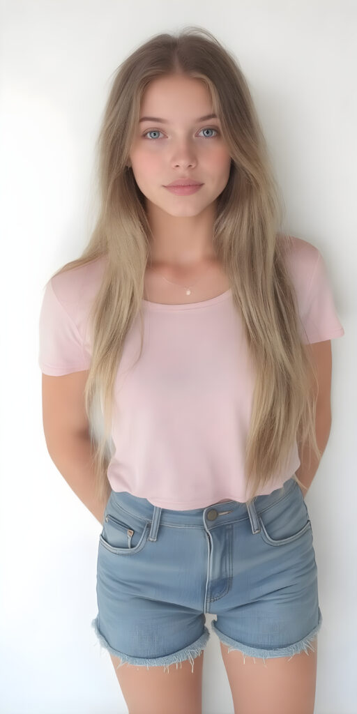 a full body shot from head to toe of a adult teen girl with long hair. She is wearing a short T-shirt and jeans shorts. Her beautiful skin is flawless, white backdrop