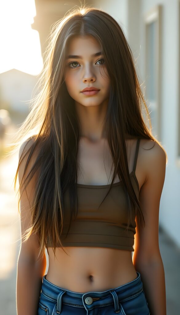a full body shot (((detailed and realistic photo))), capturing a (((very young teenage girl))), with (long, silky, soft straight jet dark hair and blonde fine strands, same length right and left), wearing a (((cropped spaghetti tank top, belly button))), accessorized with (((blue short jeans))), all against a backdrop of a (beautiful, sunny day)