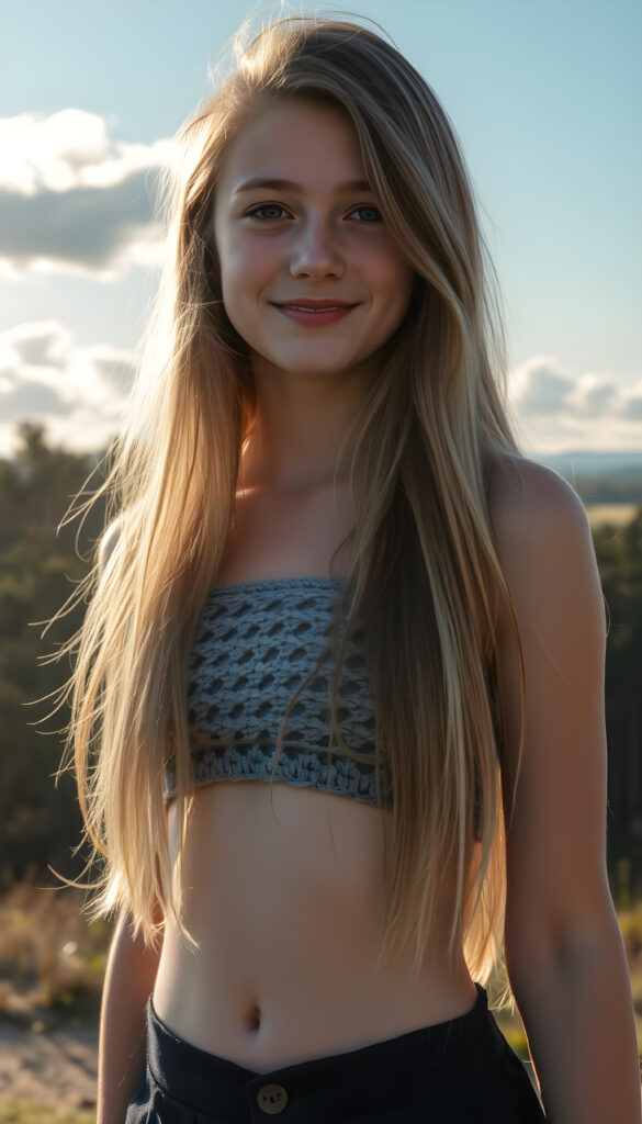 a full body shot from a cute busty teen girl with pale skin and long, flowing brown hair and blond highlights, wearing a grey crocheted top and a black mini skirt, you can see her belly button, stands in front of you. The scene is bathed in warm, golden sunlight, casting a soft, dreamy glow over everything. She smiles warmly. The background features a clear blue sky with fluffy white clouds and a distant forest, creating a serene and enchanting atmosphere.