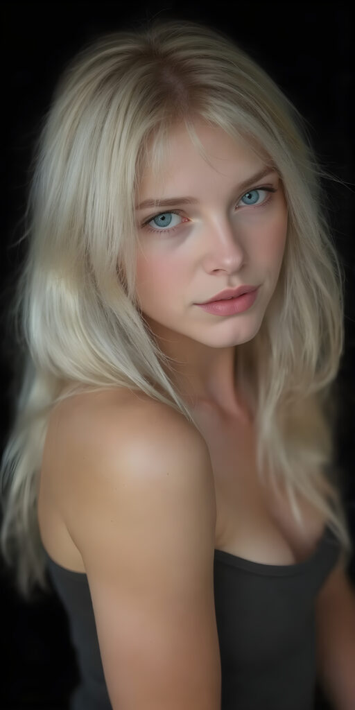 a (full body view) of a (((cute))) (((gorgeous))) ((busty adult teen girl)), with ((long, straight (white soft hair)), and ((detailed light blue eyes)), that match perfectly symmetrically, with an abundance of ((very pale (skin with a flawless complexion)), which gives off a sense of ((natural beauty)). Her expression is one of ((warmth)), with ((perfectly defined (lips))), that add a touch of ((natural color)). She's dressed in a ((short tight low cut (thin tank top))), in a ((classic portrait side shoot position)), looking out at the camera, ((photograph, portrait, full body, sharp focus, warm tones, hyper-detailed, black backdrop))
