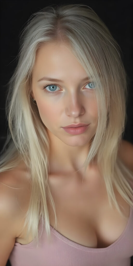 a (full body view) of a (((cute))) (((gorgeous))) ((busty adult teen girl)), with ((long, straight (white soft hair)), and ((detailed light blue eyes)), that match perfectly symmetrically, with an abundance of ((very pale (skin with a flawless complexion)), which gives off a sense of ((natural beauty)). Her expression is one of ((warmth)), with ((perfectly defined (lips))), that add a touch of ((natural color)). She's dressed in a ((short tight low cut (thin tank top))), in a ((classic portrait side shoot position)), looking out at the camera, ((photograph, portrait, full body, sharp focus, warm tones, hyper-detailed, black backdrop))