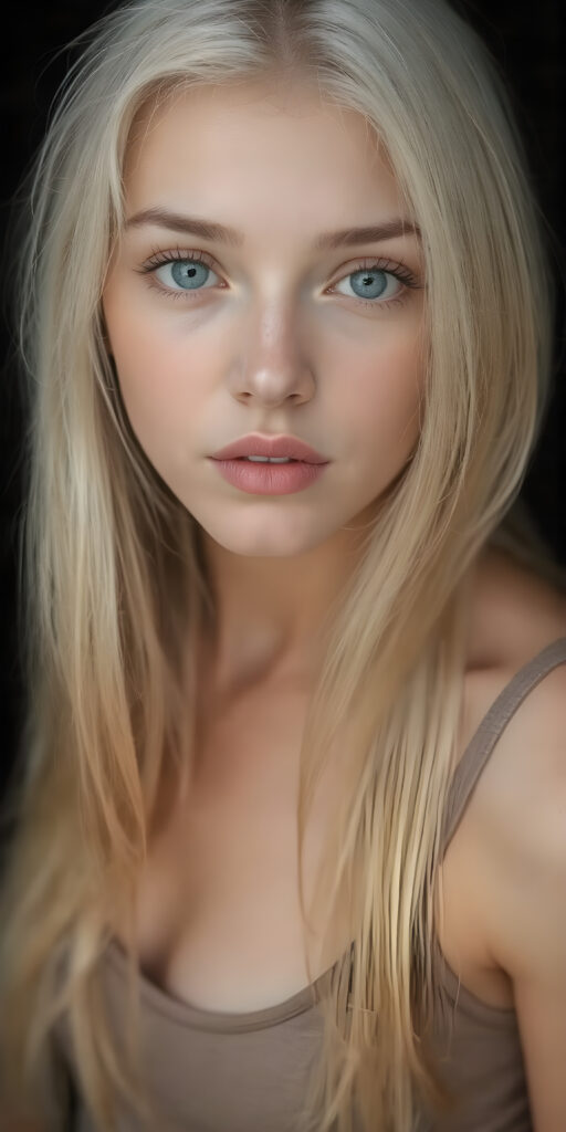 a (full body view) of a (((cute))) (((gorgeous))) ((busty adult teen girl)), with ((long, straight (white soft hair)), and ((detailed light blue eyes)), that match perfectly symmetrically, with an abundance of ((very pale (skin with a flawless complexion)), which gives off a sense of ((natural beauty)). Her expression is one of ((warmth)), with ((perfectly defined (lips))), that add a touch of ((natural color)). She's dressed in a ((short tight low cut (thin tank top))), in a ((classic portrait side shoot position)), looking out at the camera, ((photograph, portrait, full body, sharp focus, warm tones, hyper-detailed, black backdrop))