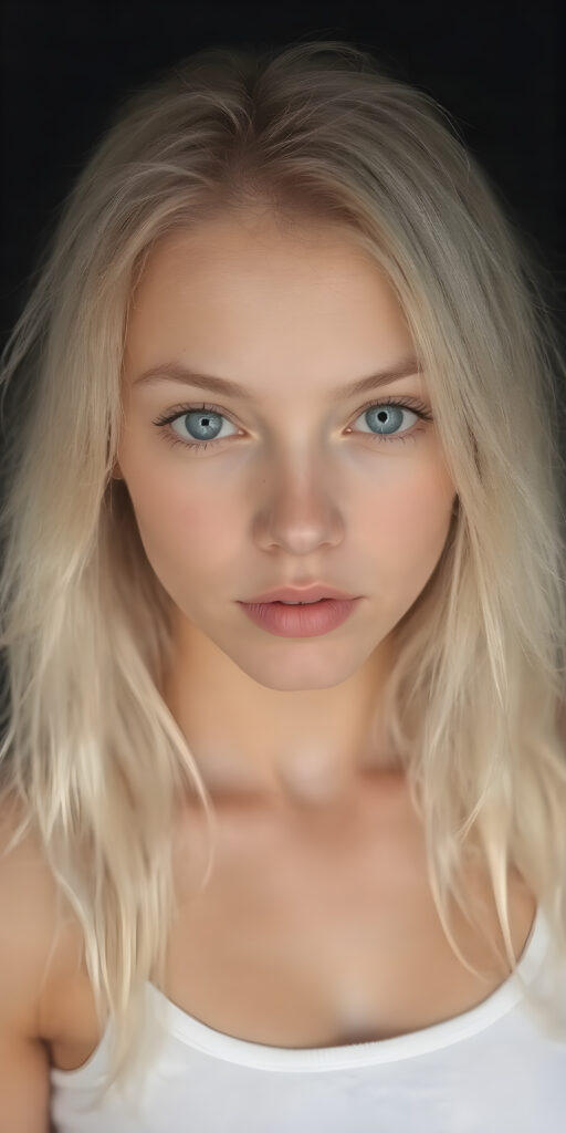 a (full body view) of a (((cute))) (((gorgeous))) ((busty adult teen girl)), with ((long, straight (white soft hair)), and ((detailed light blue eyes)), that match perfectly symmetrically, with an abundance of ((very pale (skin with a flawless complexion)), which gives off a sense of ((natural beauty)). Her expression is one of ((warmth)), with ((perfectly defined (lips))), that add a touch of ((natural color)). She's dressed in a ((short tight low cut (thin tank top))), in a ((classic portrait side shoot position)), looking out at the camera, ((photograph, portrait, full body, sharp focus, warm tones, hyper-detailed, black backdrop))