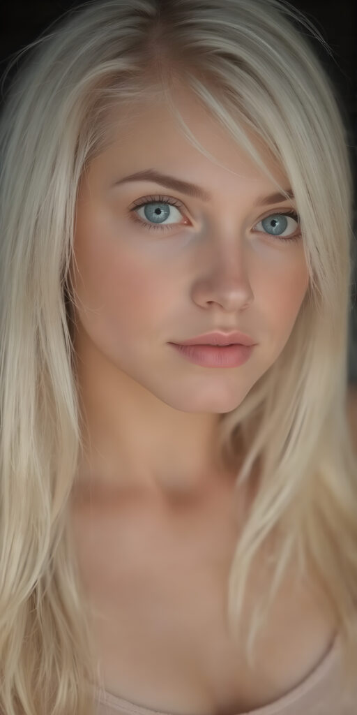 a (full body view) of a (((cute))) (((gorgeous))) ((busty adult teen girl)), with ((long, straight (white soft hair)), and ((detailed light blue eyes)), that match perfectly symmetrically, with an abundance of ((very pale (skin with a flawless complexion)), which gives off a sense of ((natural beauty)). Her expression is one of ((warmth)), with ((perfectly defined (lips))), that add a touch of ((natural color)). She's dressed in a ((short tight low cut (thin tank top))), in a ((classic portrait side shoot position)), looking out at the camera, ((photograph, portrait, full body, sharp focus, warm tones, hyper-detailed, black backdrop))