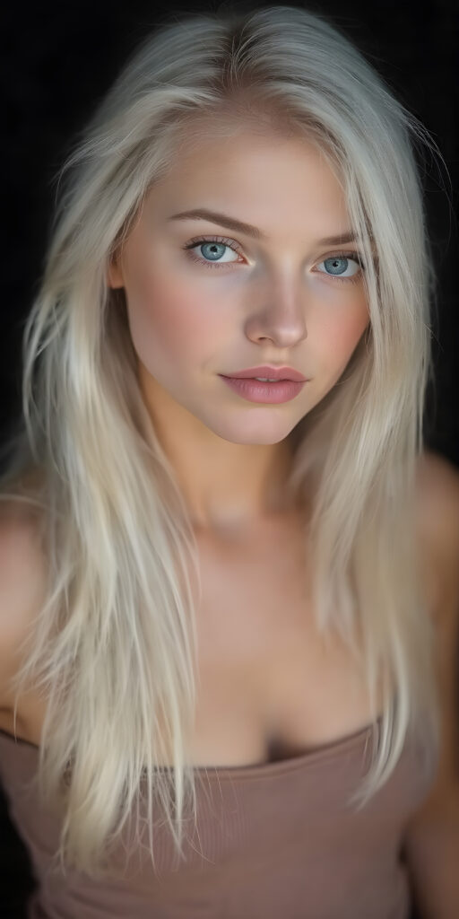 a (full body view) of a (((cute))) (((gorgeous))) ((busty adult teen girl)), with ((long, straight (white soft hair)), and ((detailed light blue eyes)), that match perfectly symmetrically, with an abundance of ((very pale (skin with a flawless complexion)), which gives off a sense of ((natural beauty)). Her expression is one of ((warmth)), with ((perfectly defined (lips))), that add a touch of ((natural color)). She's dressed in a ((short tight low cut (thin tank top))), in a ((classic portrait side shoot position)), looking out at the camera, ((photograph, portrait, full body, sharp focus, warm tones, hyper-detailed, black backdrop))