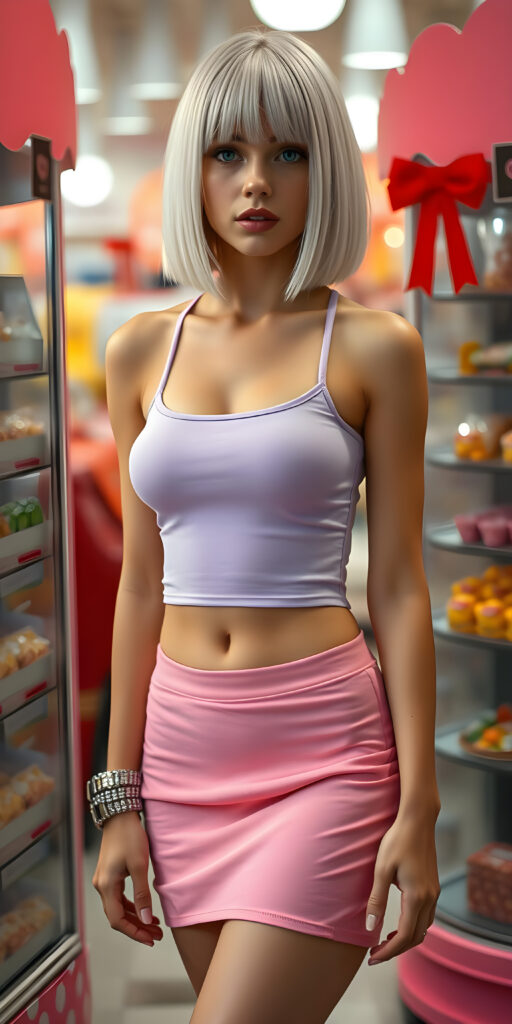 a full body view form a stunning beautiful natural busty girl, straight white hair in bob cut, wears only a plain light purple plain thin cropped tank top and a short round pink mini skirt, perfect curved female body, soft skin, round face, kissable lips, seductive, she stands in a candy shop.