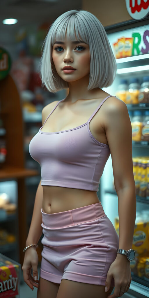 a full body view form a stunning beautiful natural busty girl, straight white hair in bob cut, wears only a plain light purple plain thin cropped tank top and a short round pink mini skirt, perfect curved female body, soft skin, round face, kissable lips, seductive, she stands in a candy shop.