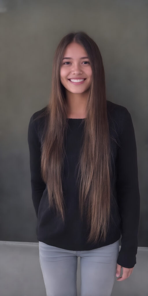 a full body view of a very nice young girl, age 25, with very long and straight dark brown hair (with light blonde highlights), wearing a wide and long-sleeved black sweater and light grey jeans. she stands in front of the viewer, smiling warmly. her body is well-proportioned and perfectly shaped, with thin waist and round cheeks, which add to her youthful features. The background is simple yet elegant, with a black and light grey theme that complements her youthful presence. focus on her full body, including her legs and feet which are covered by the warm light of the setting sun. add a touch of realism by highlighting the texture of her skin and the intricate details of her face, including her lips which add a touch of tenderness.