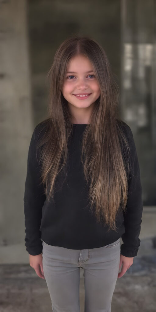 a full body view of a very nice young girl, with very long and straight dark brown hair (with light blonde highlights), wearing a wide and long-sleeved black sweater and light grey jeans. she stands in front of the viewer, smiling warmly. her body is well-proportioned and perfectly shaped, with thin waist and round cheeks, which add to her youthful features. The background is simple yet elegant, with a black and light grey theme that complements her youthful presence. focus on her full body, including her legs and feet which are covered by the warm light of the setting sun. add a touch of realism by highlighting the texture of her skin and the intricate details of her face, including her lips which add a touch of tenderness.