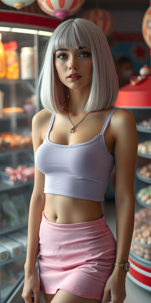 a full body view form a stunning beautiful natural busty girl, straight white hair in bob cut, wears only a plain light purple plain thin cropped tank top and a short round pink mini skirt, perfect curved female body, soft skin, round face, kissable lips, seductive, she stands in a candy shop.