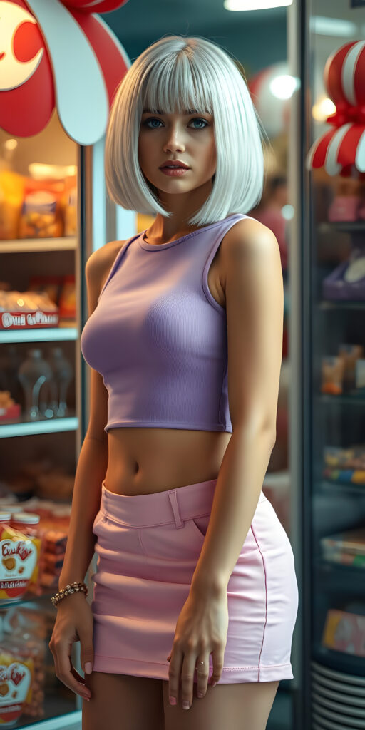 a full body view form a stunning beautiful natural busty girl, straight white hair in bob cut, wears only a plain light purple plain thin cropped tank top and a short round pink mini skirt, perfect curved female body, soft skin, round face, kissable lips, seductive, she stands in a candy shop.
