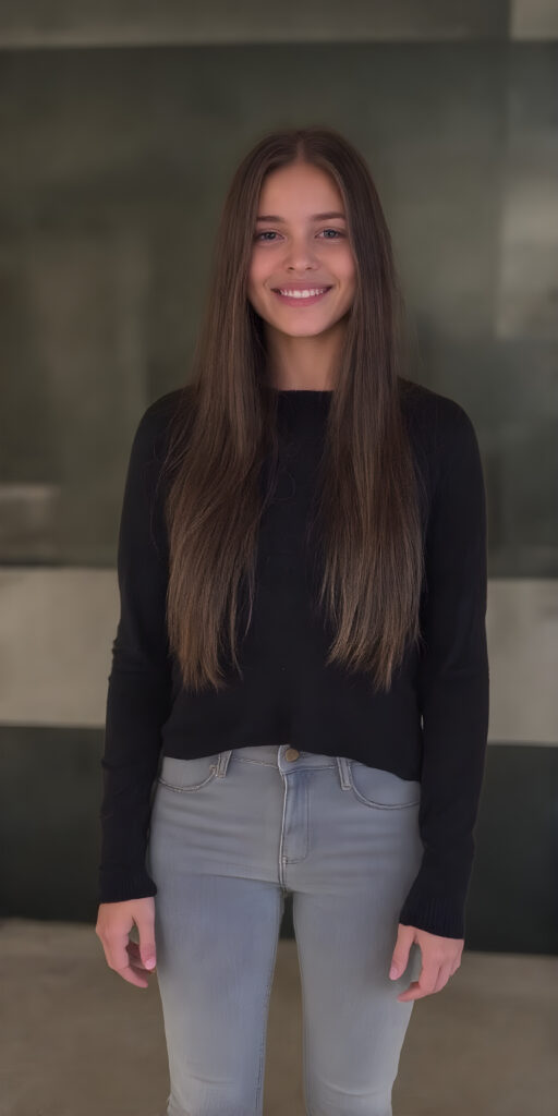 a full body view of a very nice young girl, age 25, with very long and straight dark brown hair (with light blonde highlights), wearing a wide and long-sleeved black sweater and light grey jeans. she stands in front of the viewer, smiling warmly. her body is well-proportioned and perfectly shaped, with thin waist and round cheeks, which add to her youthful features. The background is simple yet elegant, with a black and light grey theme that complements her youthful presence. focus on her full body, including her legs and feet which are covered by the warm light of the setting sun. add a touch of realism by highlighting the texture of her skin and the intricate details of her face, including her lips which add a touch of tenderness.