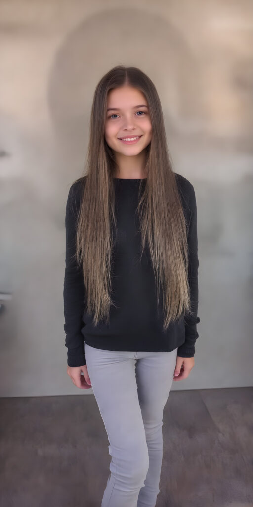 a full body view of a very nice young girl, with very long and straight dark brown hair (with light blonde highlights), wearing a wide and long-sleeved black sweater and light grey jeans. she stands in front of the viewer, smiling warmly. her body is well-proportioned and perfectly shaped, with thin waist and round cheeks, which add to her youthful features. The background is simple yet elegant, with a black and light grey theme that complements her youthful presence. focus on her full body, including her legs and feet which are covered by the warm light of the setting sun. add a touch of realism by highlighting the texture of her skin and the intricate details of her face, including her lips which add a touch of tenderness.