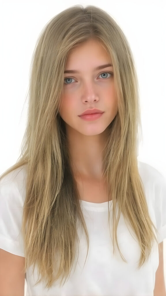 a full body detailed and realistic watercolor picture, very beautiful teen girl. She has ((straight natural super long (greenish-brown hair, bangs) with intricate details)), that flows gracefully down her back. The figure is dressed in ((white short t-shirt)), enhancing the natural beauty of the figure. The overall atmosphere of the picture is ((softly dreamy)) and ((extremely detailed)), with ((eyes that convey a sense of warmth and fantasy)).