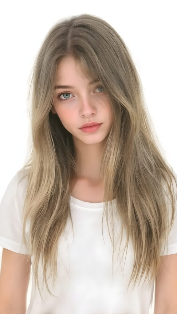 a full body detailed and realistic watercolor picture, very beautiful teen girl. She has ((straight natural super long (greenish-brown hair, bangs) with intricate details)), that flows gracefully down her back. The figure is dressed in ((white short t-shirt)), enhancing the natural beauty of the figure. The overall atmosphere of the picture is ((softly dreamy)) and ((extremely detailed)), with ((eyes that convey a sense of warmth and fantasy)).