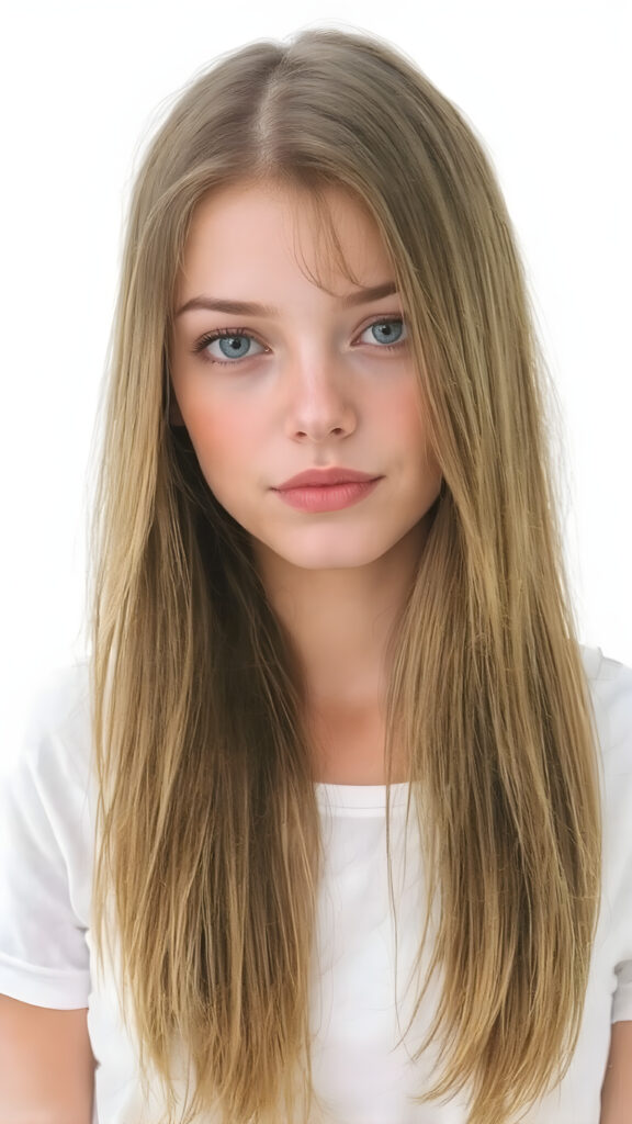 a full body detailed and realistic watercolor picture, very beautiful teen girl. She has ((straight natural super long (greenish-brown hair, bangs) with intricate details)), that flows gracefully down her back. The figure is dressed in ((white short t-shirt)), enhancing the natural beauty of the figure. The overall atmosphere of the picture is ((softly dreamy)) and ((extremely detailed)), with ((eyes that convey a sense of warmth and fantasy)).