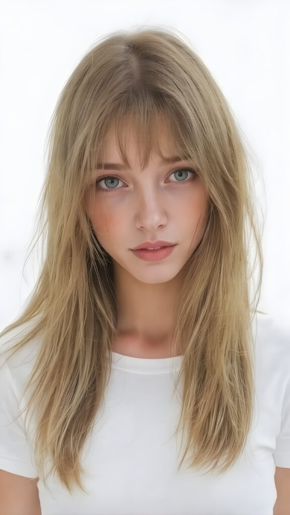 a full body detailed and realistic watercolor picture, very beautiful teen girl. She has ((straight natural super long (greenish-brown hair, bangs) with intricate details)), that flows gracefully down her back. The figure is dressed in ((white short t-shirt)), enhancing the natural beauty of the figure. The overall atmosphere of the picture is ((softly dreamy)) and ((extremely detailed)), with ((eyes that convey a sense of warmth and fantasy)).