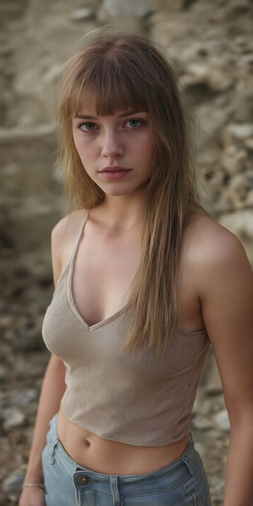 a (((full body portrait (((young teen girl, perfect curved body, busty))), her red hair in (((long, straight locks))), with dark, striking eyes, exuding an air of innocence and cuteness. Her features are sharply defined, with full lips and an ethereal beauty reflective of an angelic visage. In the background, a (quarry) with its distinctive contours and stone walls provides a beautifully contrasting backdrop, she wears short jeans pants, tank top)))