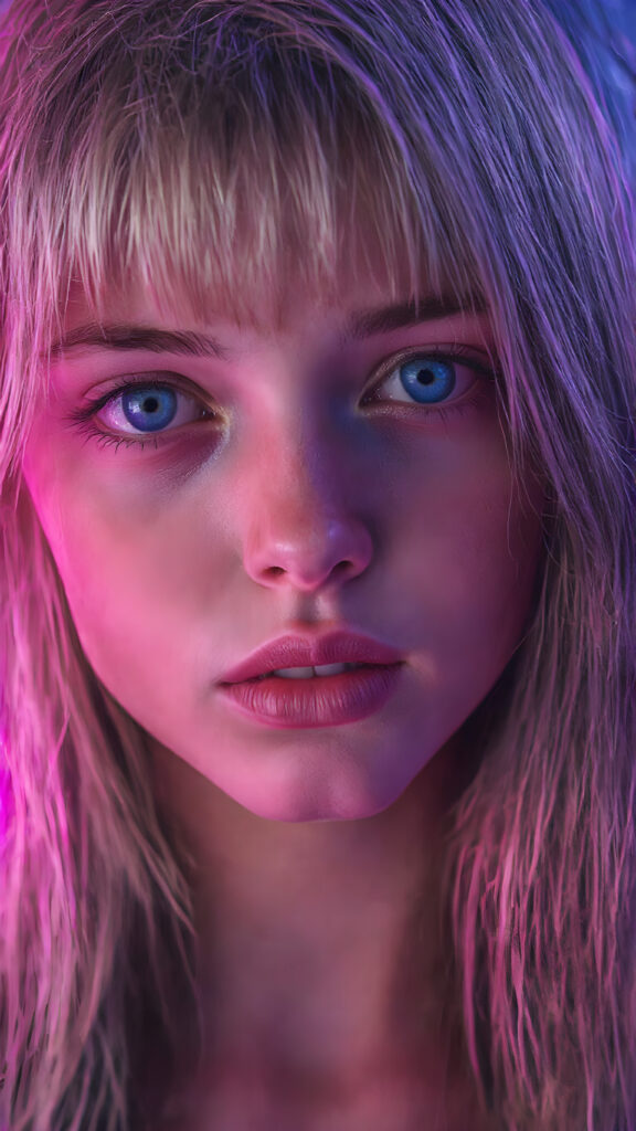 a full upper body photo from a gentle young girl with flawless skin, long soft hair falls over her upper body, shiny beautiful blue eyes, small nose, full plump lips, mouth slightly open with shining white teeth, round face, she looks seductively at the viewer