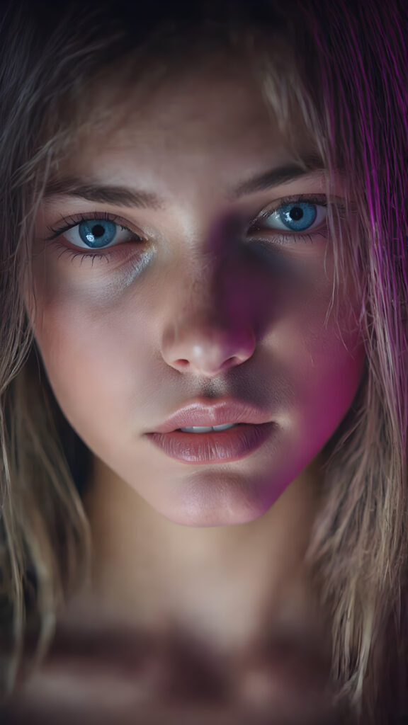 a full upper body photo from a gentle young girl with flawless skin, long soft hair falls over her upper body, shiny beautiful blue eyes, small nose, full plump lips, mouth slightly open with shining white teeth, round face, she looks seductively at the viewer, faint light falls on her face, perfect shadows, she has a perfectly shaped upper body