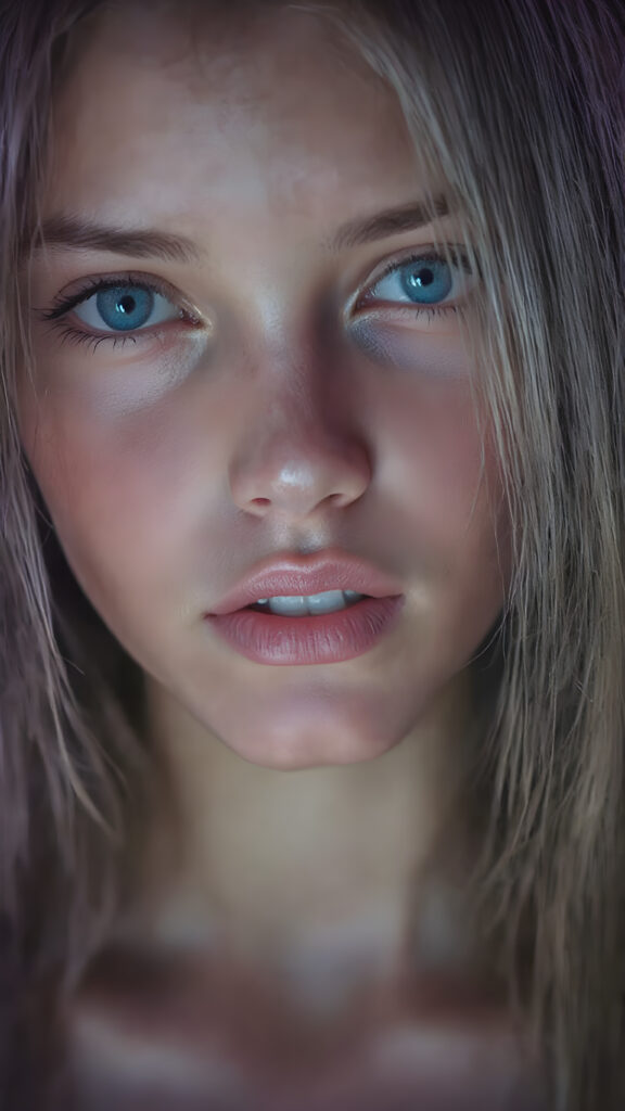 a full upper body photo from a gentle young girl with flawless skin, long soft hair falls over her upper body, shiny beautiful blue eyes, small nose, full plump lips, mouth slightly open with shining white teeth, round face, she looks seductively at the viewer, faint light falls on her face, perfect shadows, she has a perfectly shaped upper body