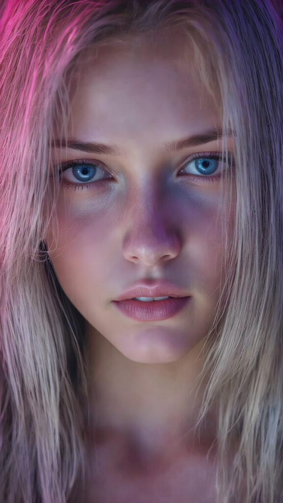 a full upper body photo from a gentle young girl with flawless skin, long soft hair falls over her upper body, shiny beautiful blue eyes, small nose, full plump lips, mouth slightly open with shining white teeth, round face, she looks seductively at the viewer