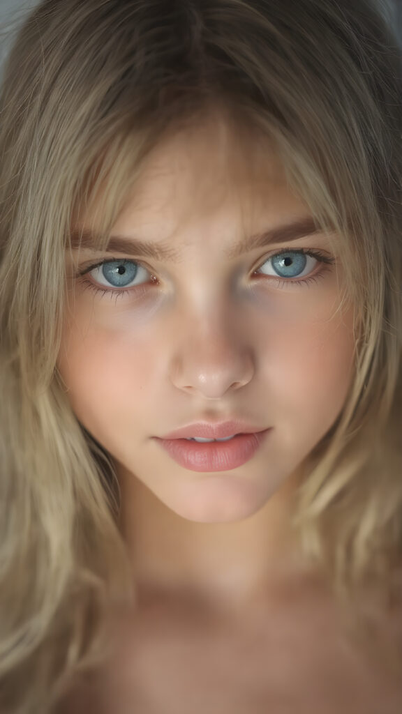 a full upper body photo from a gentle young girl with flawless skin, long soft hair falls over her upper body, shiny beautiful blue eyes, small nose, full plump lips, mouth slightly open with shining white teeth, round face, she looks seductively at the viewer, faint light falls on her face, perfect shadows, she has a perfectly shaped upper body