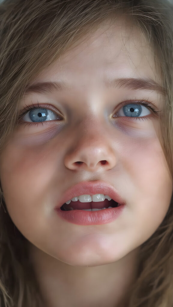 a full upper body photo from a gentle young girl with flawless skin, long soft hair falls over her upper body, shiny beautiful blue eyes, small nose, full plump lips, mouth slightly open with shining white teeth, round face, she looks up, wide open mouth, white teeth