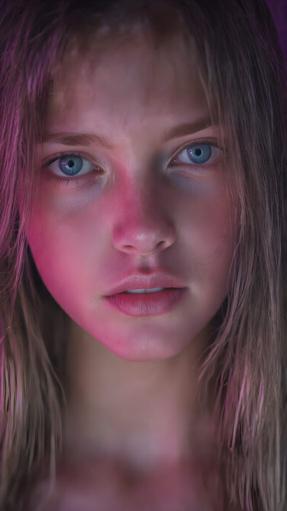 a full upper body photo from a gentle young girl with flawless skin, long soft hair falls over her upper body, shiny beautiful blue eyes, small nose, full plump lips, mouth slightly open with shining white teeth, round face, she looks seductively at the viewer